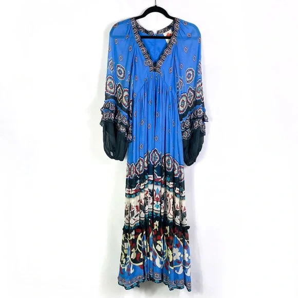FARM Rio Ainka Tiles Dress Blue Floral Maxi Long Sleeve V-Neck Boho Sz XS - Picture 3 of 10